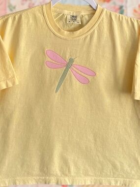 Polka Dot Dragonfly Embroidered Medium Comfort Colors Butter Yellow Box T-Shirt